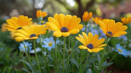 Fototapeta premium Bright and vibrant yellow daisies bloom in a garden setting with soft focus background highlighting the natural beauty of the colorful flowers