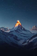 Majestic mountain peak illuminated by sunset under a starry sky, showcasing stunning natural beauty and inspiring serenity.
