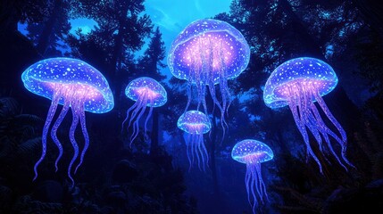 A mesmerizing underwater scene featuring glowing jellyfish floating gracefully in a mystical blue forest environment.