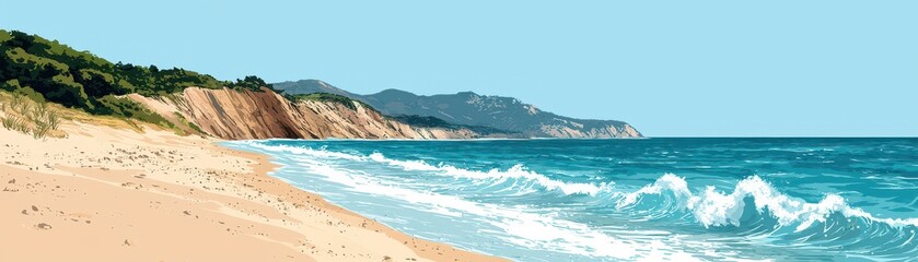 A serene beach landscape featuring gentle waves, sandy shores, and distant hills under a clear blue sky, perfect for coastal relaxation imagery.