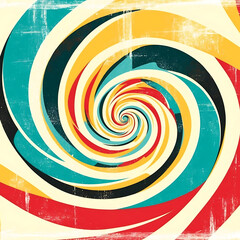 A retro-style, abstract graphic featuring a spiral pattern radiating from the center.