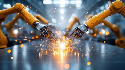 The Generative AI illustration vividly captures a scene within a bustling industrial factory, showcasing multiple robotic arms in precise welding operations amid a backdrop of fiery sparks
