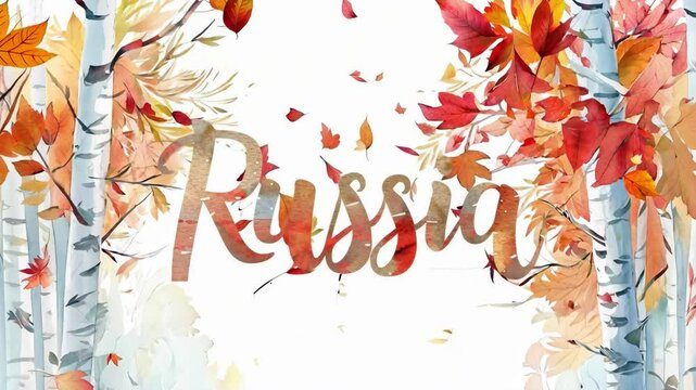 A watercolor painting of a forest with autumn leaves and the word Russia written in cursive letters