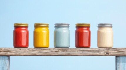 A vibrant display of colorful jars on a rustic shelf against a soft blue background, perfect for showcasing creativity and organization.