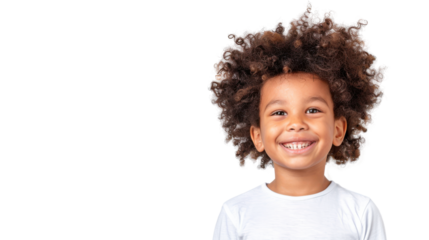 Smiling child with curly hair, white isolate background