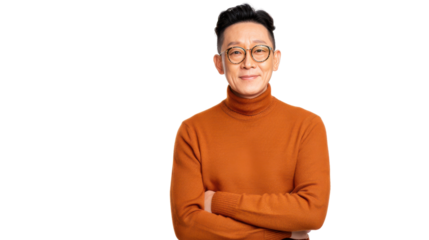Smiling man in an orange turtleneck, white isolate background.