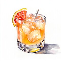 Refreshing Grapefruit Cocktail Illustration: Watercolor Art of a Chilled Beverage with Ice and Citrus Garnish in Trendy Stock Photography