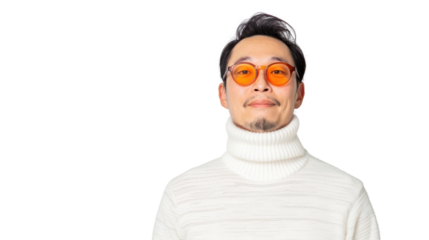 Smiling man in white turtleneck on white isolated background