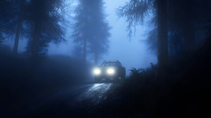 A car driving on the road through a forest at night, with fog and lights. The beautiful forest landscape is filled with trees, and a misty light