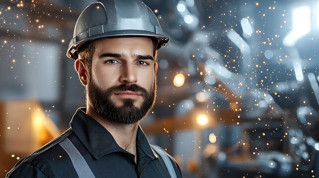 The Generative AI illustration depicts a portrait of a serious bearded worker in a uniform and helmet, standing in front of an illuminated mechanical workshop