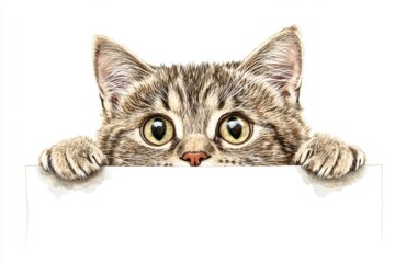 Fototapeta premium Cute Cat Peeking Over Edge of Empty White Banner with Copy Space on Plain Background