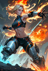 Fierce Female Cyborg Mech Fighter Wielding Fire Magic in Action