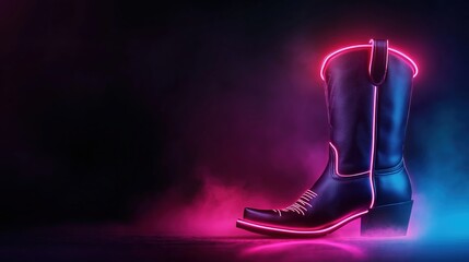 Cowboy boot with neon pink lights against dark background. Modern fashion concept