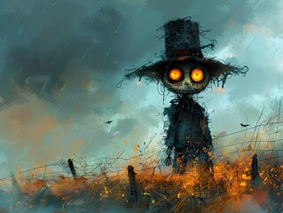 Creepy Scarecrow with Glowing Eyes - Halloween Art