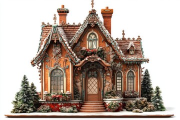 Detailed Illustration of Gingerbread House Isolated on White Background. High-Resolution Professional Photograph with Vibrant Colors and Sharp Focus.