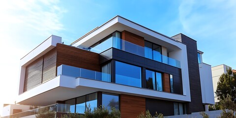 Modern House Exterior with Wooden Panels and Glass Balconies - Photo