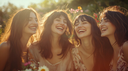 Obraz premium Four women laughing and smiling in the sun, surrounded by flowers and trees