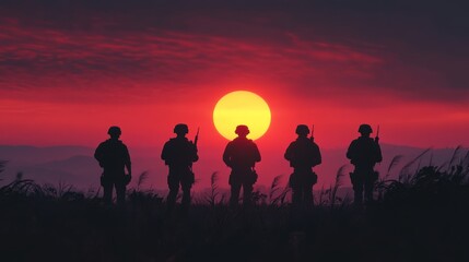 Military at Dawn - Silhouettes of SEALs standing tall at dawn, capturing the strength of the team against a sunrise backdrop.
