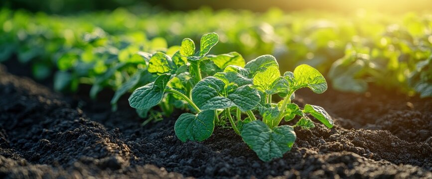 Close-up of Green Potato Plants Growing in a Field