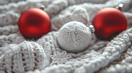Naklejka premium knitting christmas background with balls and ornaments. 