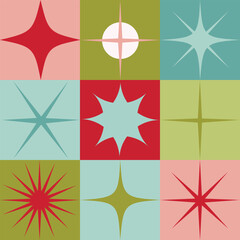 Seamless pattern with geometric retro style Christmas stars and sparkles. Hand drawn vector illustration