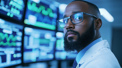 Healthcare professional analyzes data trends in modern medical technology environment