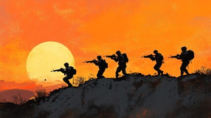 Obraz premium Military Silhouette Sunrise - Silhouettes of SEALs at the crack of dawn, capturing the start of a mission against a brightening sky.