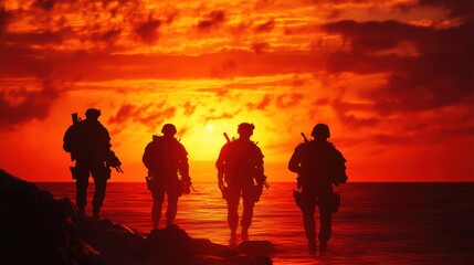 Military Sunset Scene - Navy SEALs silhouetted against a vibrant sunset, with deep shadows and the orange sea behind them.