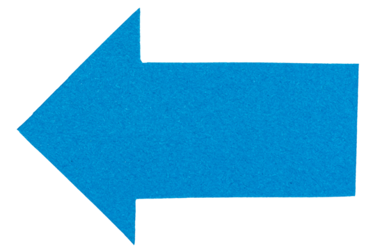 Isolated cut out blue paper cardboard arrow direction sign with texture and copy space for text png transparent background