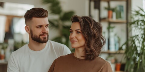 Fototapeta premium Couple in casual wear with houseplants background. Valentine's Day home lifestyle concept