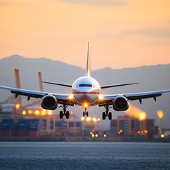 Naklejka premium Plane landing near shipping port, multimodal logistics concept