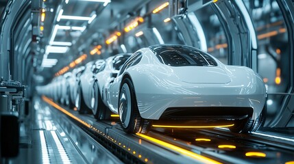 A sleek line of futuristic white cars on a production line in a modern factory, showcasing advanced automotive technology and manufacturing processes.