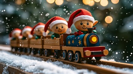 A cheerful wooden train with Santa hats and smiling elves travels through snowy scenery, creating a festive holiday atmosphere.