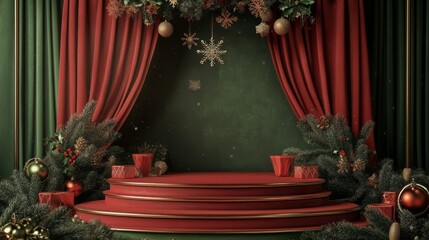 3D-Rendered red and luxry podium with christmas ornaments