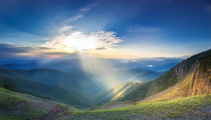 Waves of light in the mountain valley stretch into the sky