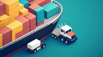 Fototapeta premium Port logistics center with cargo ship and trucks, efficient multimodal hub