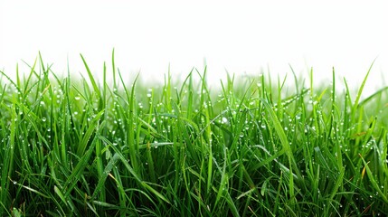 Fototapeta premium Green grassland, isolated on white, with dew drops on the blades. A fresh and calming nature scene
