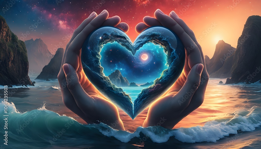 Poster a heart representing love in the middle of the universe with cosmic elements and celestial bodies to