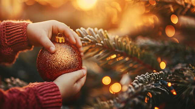 Close-up of a child's hands holding a Christmas ball next to the tree