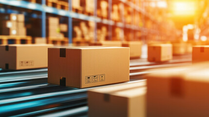 Cardboard boxes on conveyor belt in warehouse, glowing light ambiance