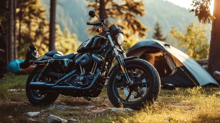 Fototapeta premium Motorcycle Camping - Motorcycle parked near a tent, showcasing a travel-ready campsite with adventure spirit.