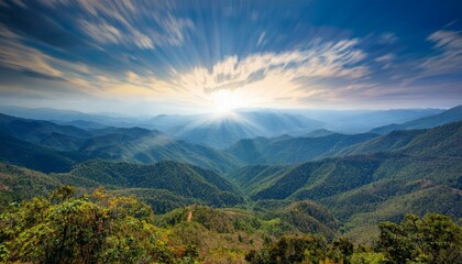 Waves of light in the mountain valley stretch into the sky
