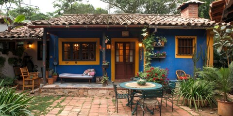 Obraz premium Charming rustic house with a vibrant blue exterior surrounded by lush plants, rustic furniture, and artistic decor creates a cozy and inviting ambiance for relaxation and leisure
