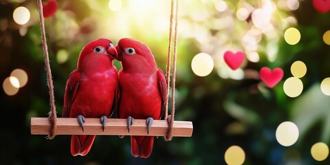 Red parrots on wooden swing with heart bokeh background. Valentine's Day romance concept