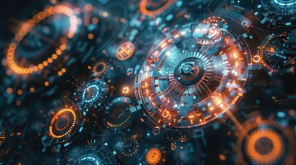 Abstract tech gears spinning in a digital universe