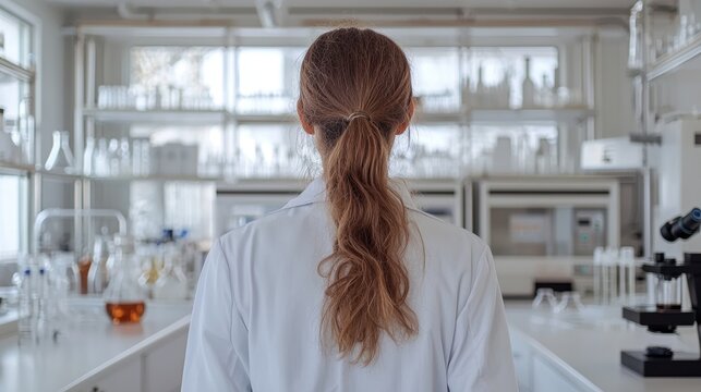 Female Scientist in a Lab Coat, Focused on Research