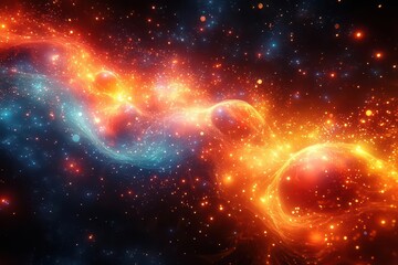 an abstract technology particle background with glowing orbs and intricate lines representing the complexity of digital connections and the flow of information in a vibrant visual tapestry