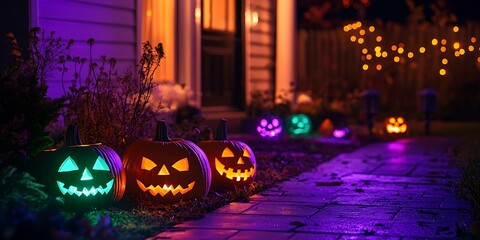 Glowing Jack-O'-Lanterns on a Purple Pathway - Halloween Night Illustration