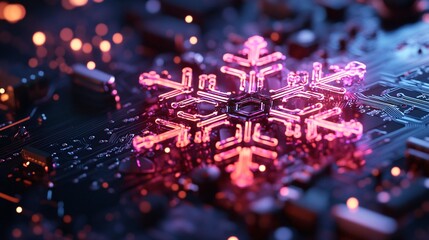 A close-up of a glowing snowflake design on a circuit board, blending holiday themes with technological elements.