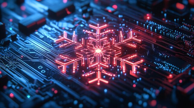 A glowing snowflake pattern overlays a dark circuit board, blending technology with festive themes in a captivating digital display.